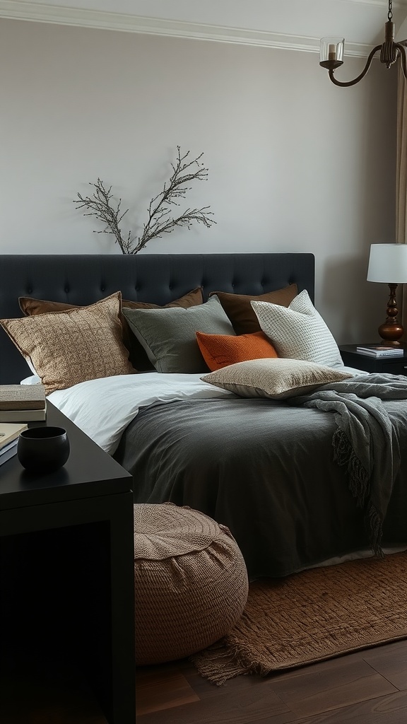 A cozy bedroom featuring dark furniture with a variety of textured fabrics including cushions and a throw.