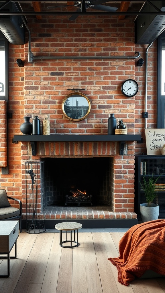 A cozy industrial bedroom with a brick fireplace, round mirror, and minimalist furniture.