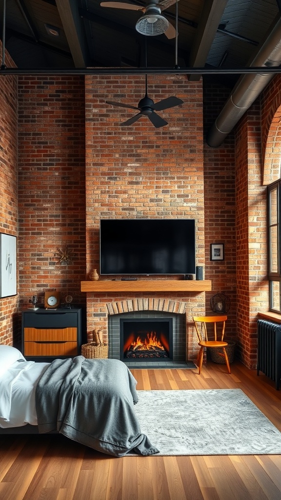 A cozy industrial-style bedroom featuring an exposed brick wall, a mounted TV above a fireplace, and wooden furniture.