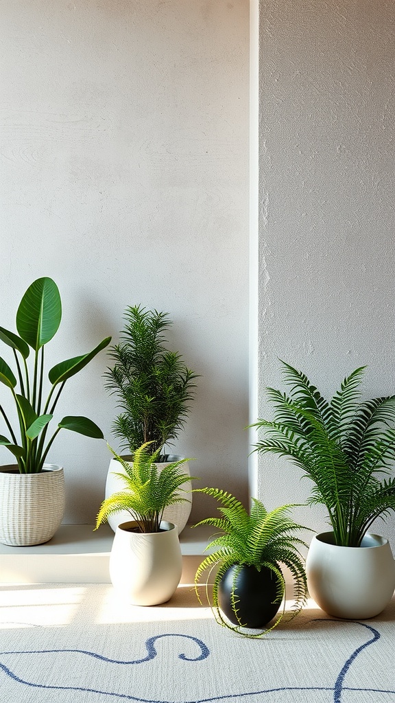 A collection of indoor ferns in different pots on a light background.