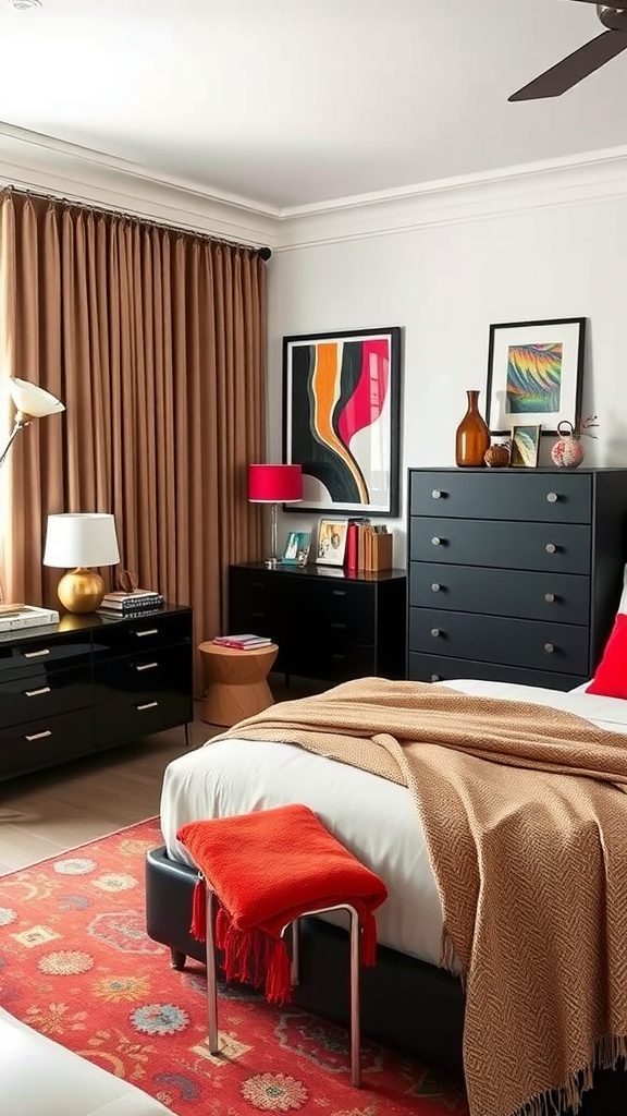 A cozy bedroom featuring dark furniture, colorful accents, and layered textures.