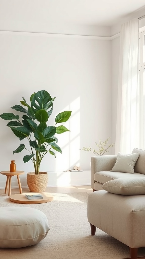 Living room featuring a fiddle leaf fig plant, cozy furniture, and soft lighting