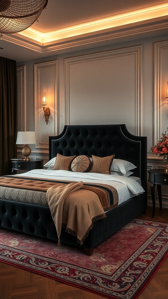 A beautifully designed bedroom featuring a black velvet bed frame with rich accents and elegant decor.