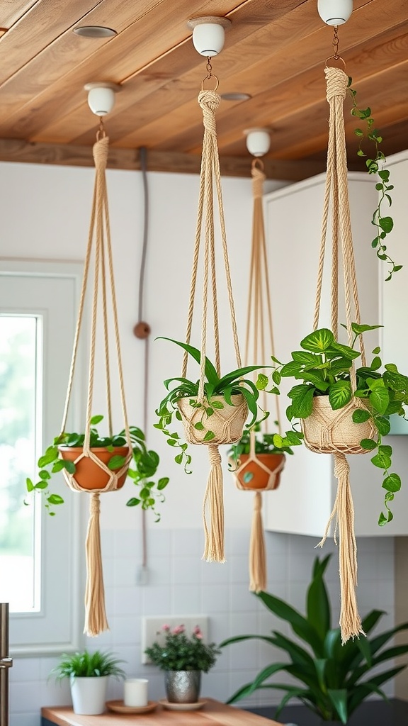 Three macrame plant hangers with green plants in a modern kitchen.