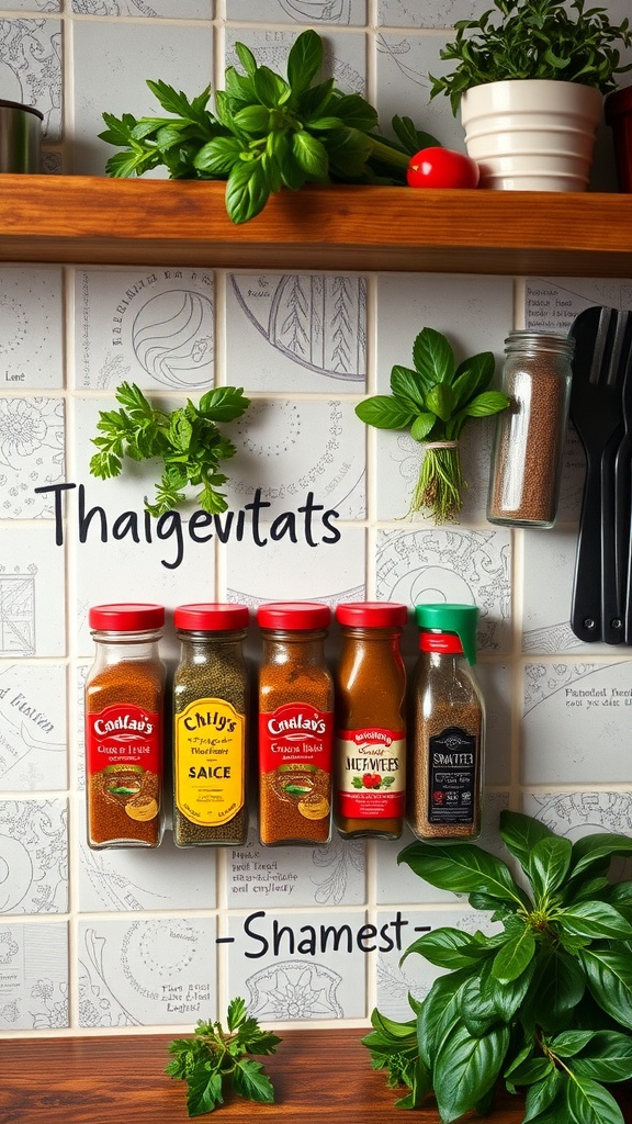 Magnetic spice jars displayed on a kitchen wall with herbs and a tomato