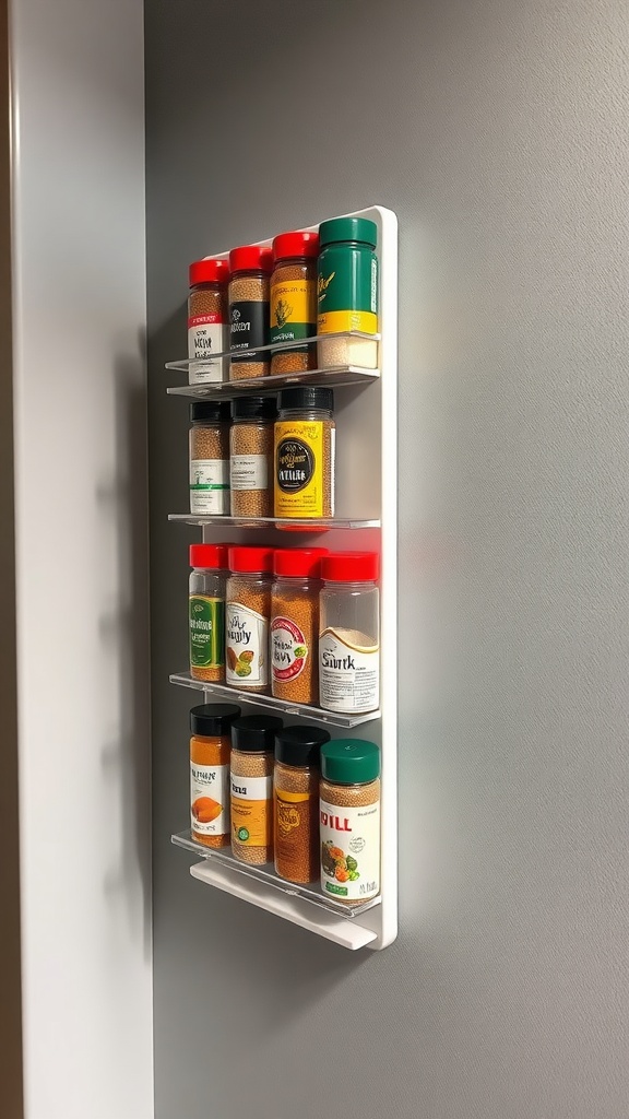 Magnetic spice rack mounted on a wall displaying various spice jars.