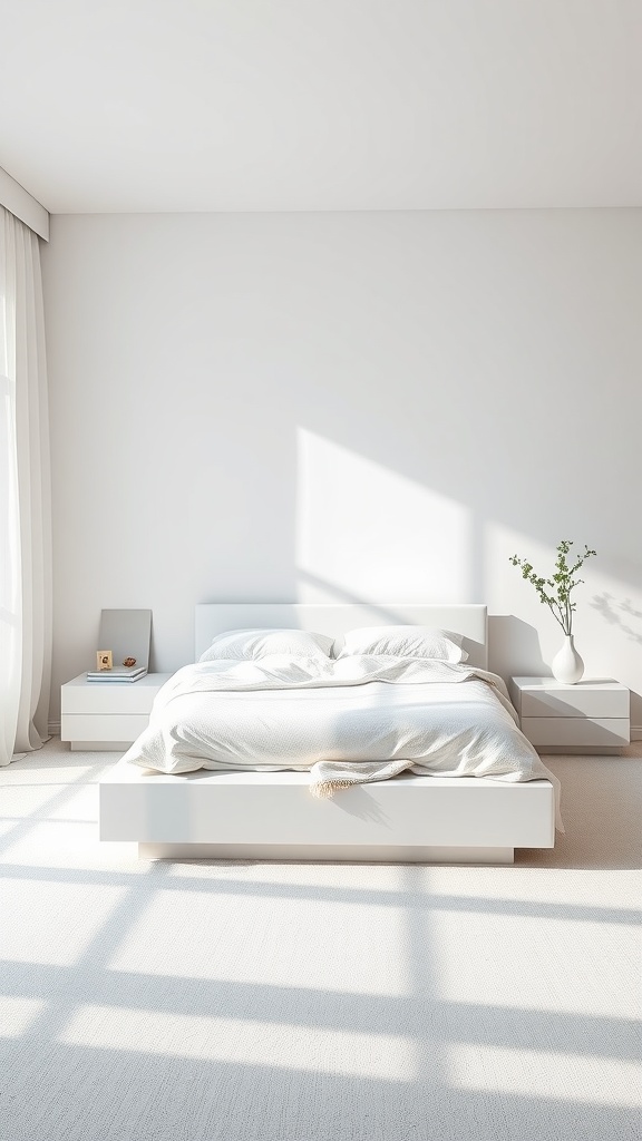 Minimalist bedroom featuring a white platform bed with soft bedding and a few decorative elements.