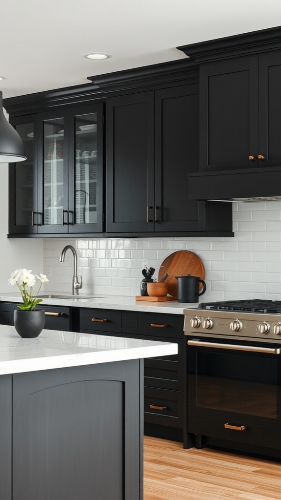 A modern farmhouse kitchen featuring minimalist black cabinets and white countertops.