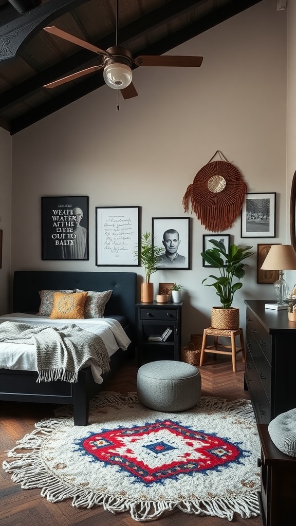 Cozy bedroom with dark furniture, colorful rug, and eclectic decor