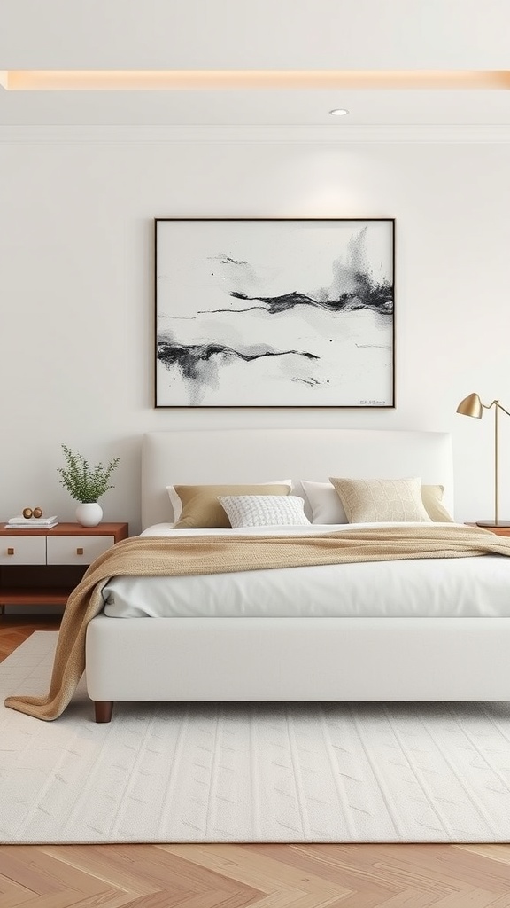 A modern bedroom featuring a white upholstered bed frame with decorative pillows and a stylish painting above.