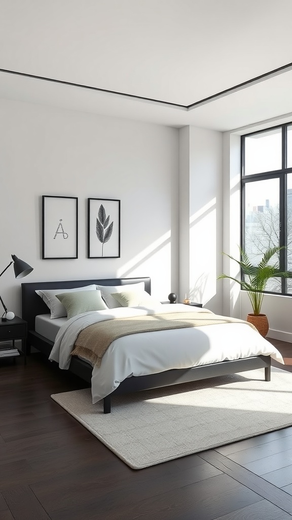 A modern minimalist bedroom featuring a black bed frame with simple decor and natural light.