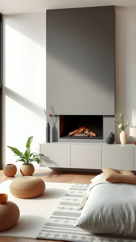 A modern minimalist bedroom featuring a sleek fireplace, soft color palette, and earthy decor elements.