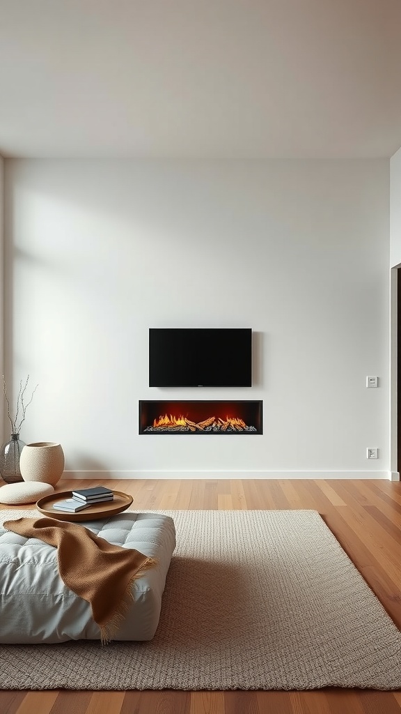 Modern minimalist bedroom with a wall-mounted TV and built-in fireplace