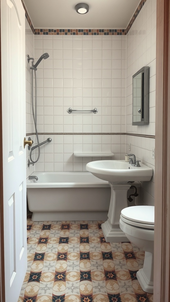 A vintage bathroom with mosaic tile accents, featuring white tiles and colorful patterned flooring.