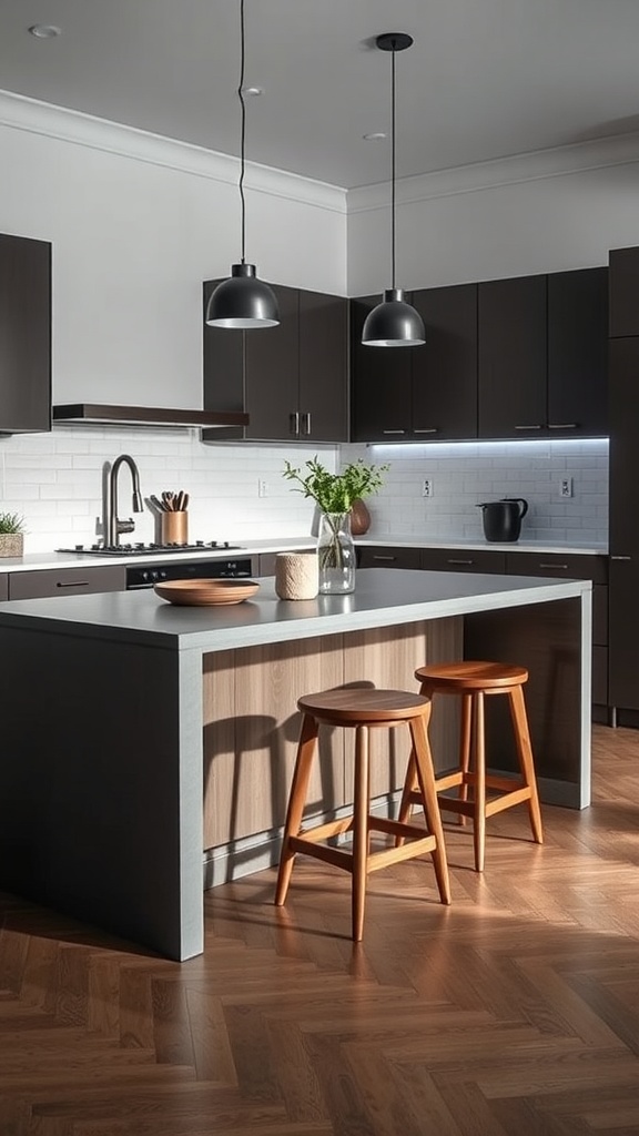 Modern kitchen with a multi-functional island featuring wooden stools, dark cabinets, and stylish decor.