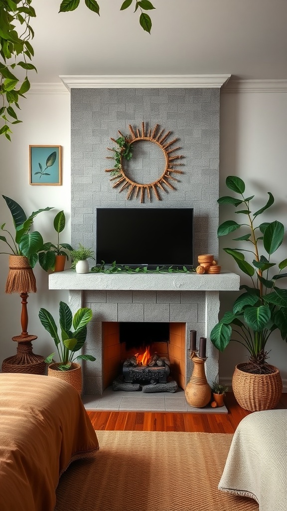 A serene bedroom featuring a nature-inspired fireplace and TV setup with plants and warm decor.