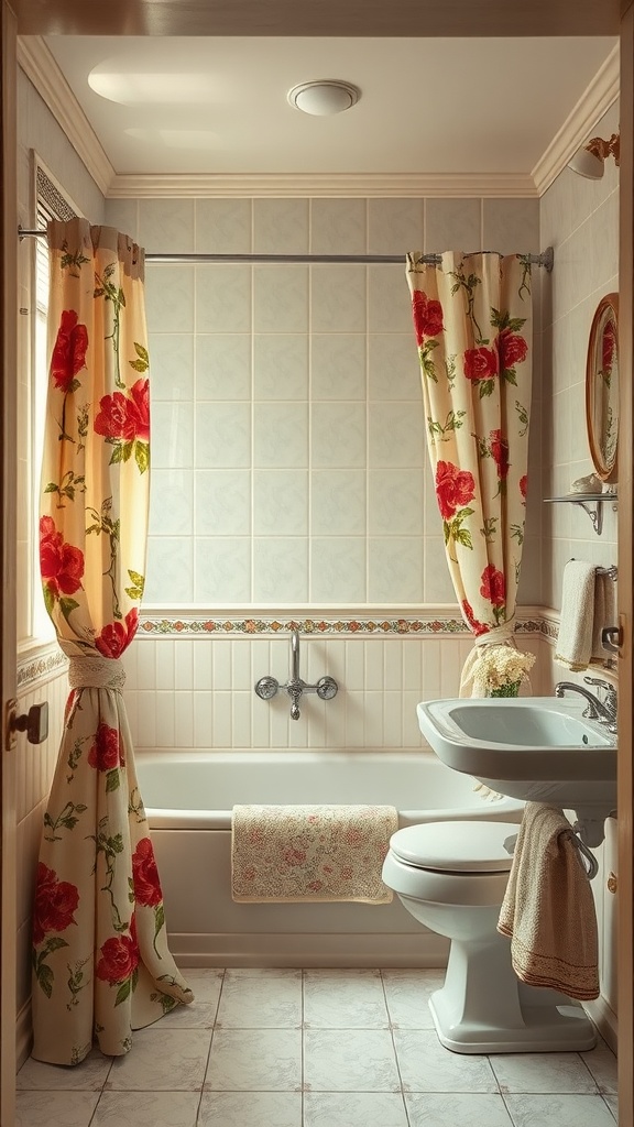 A vintage bathroom with floral shower curtains and a classic bathtub.