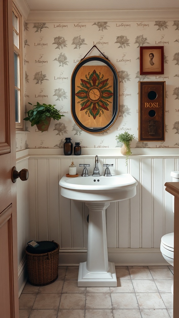 Vintage bathroom featuring a classic white pedestal sink, decorative wall art, and a warm color scheme