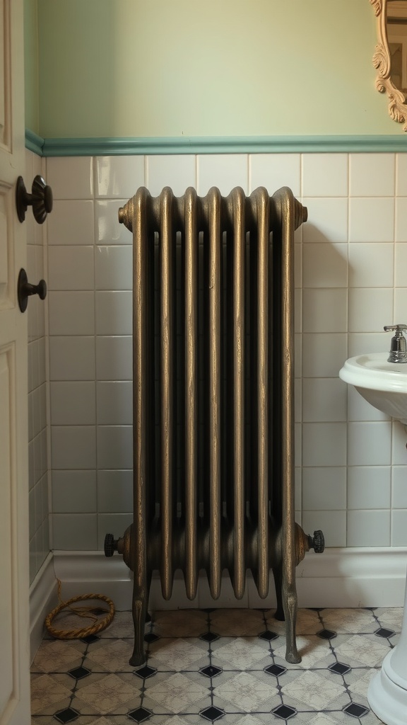 An old-fashioned metallic radiator heater in a vintage bathroom setting.