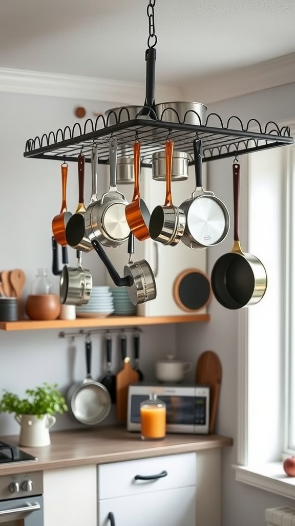 A kitchen with an overhead pot rack displaying pots and pans.