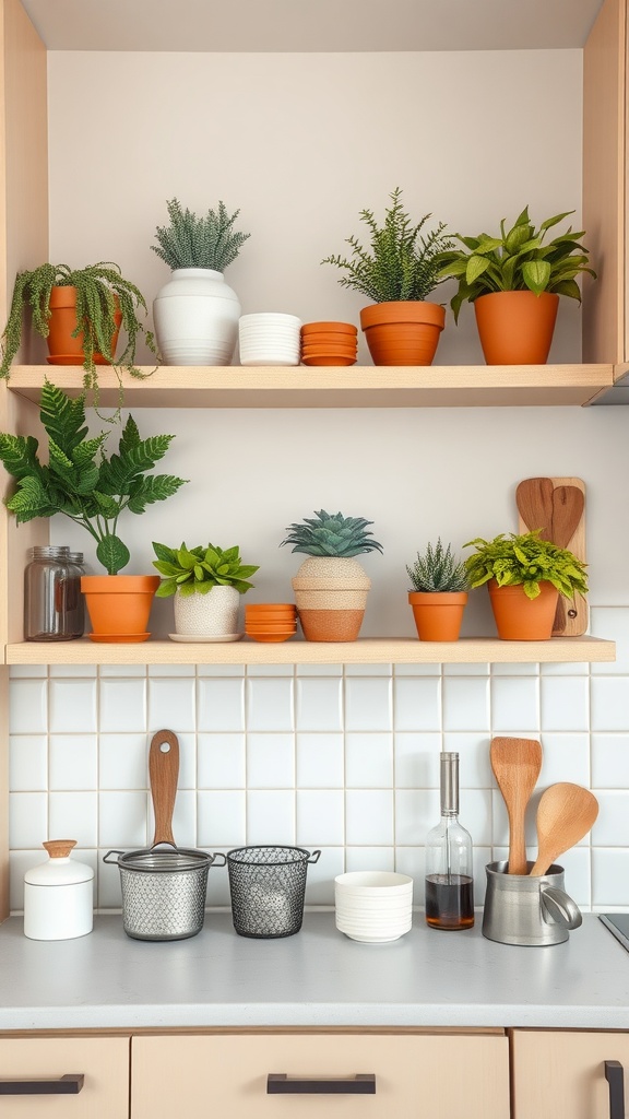 Open kitchen shelves displaying various potted plants in terracotta and white pots