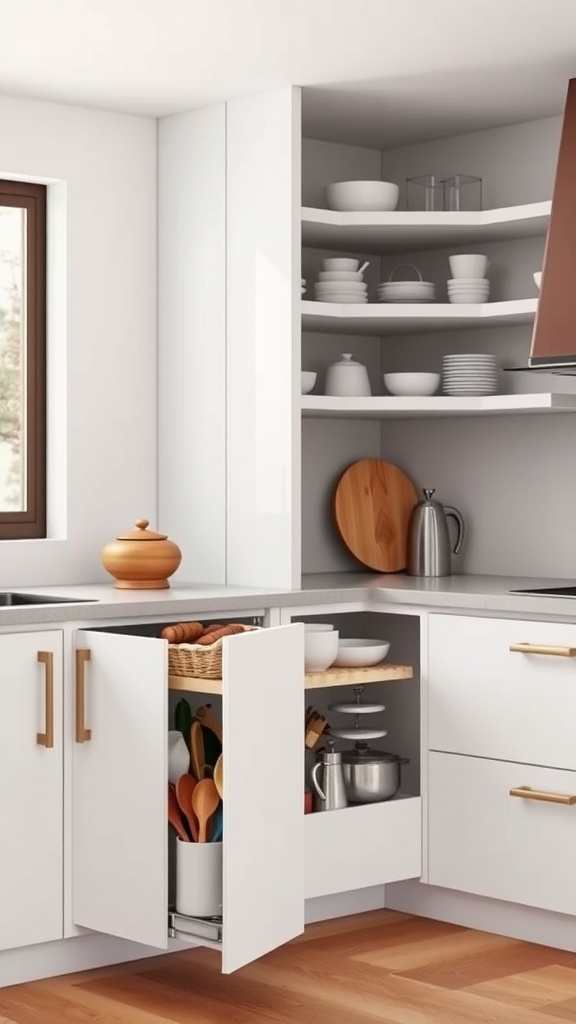 A modern kitchen showcasing a pull-out cabinet for hidden storage, featuring utensils and kitchenware neatly organized.