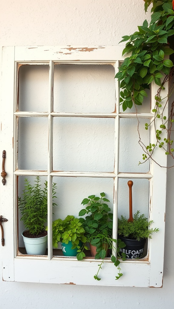 A repurposed window frame with various plants inside, adding greenery to the kitchen.