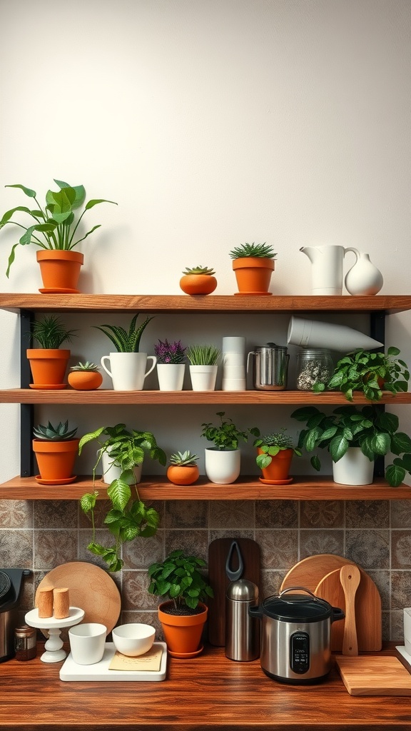 A repurposed wooden shelf with various potted plants in a kitchen setting.