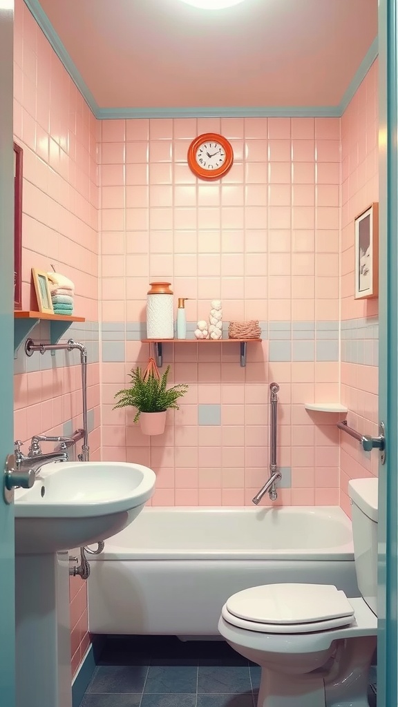 A cozy vintage bathroom featuring pink tiles, mint green accents, and a touch of greenery.