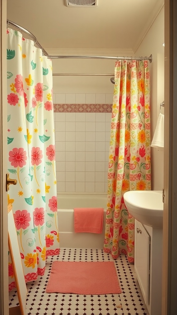 A vintage style bathroom featuring colorful floral shower curtains, a pink bath mat, and matching towels.