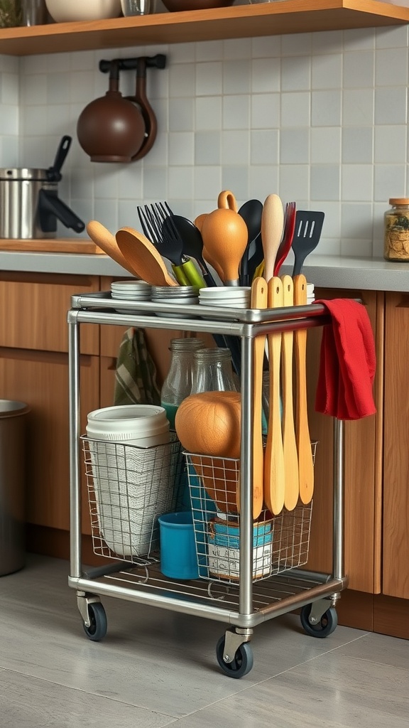 A functional rolling cart in a kitchen, holding utensils and storage containers.