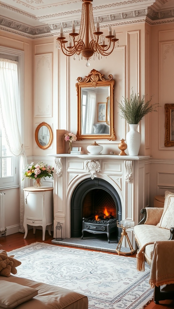 A romantic bedroom with a fireplace, elegant chandelier, and pastel decor, creating a cozy Parisian ambiance.