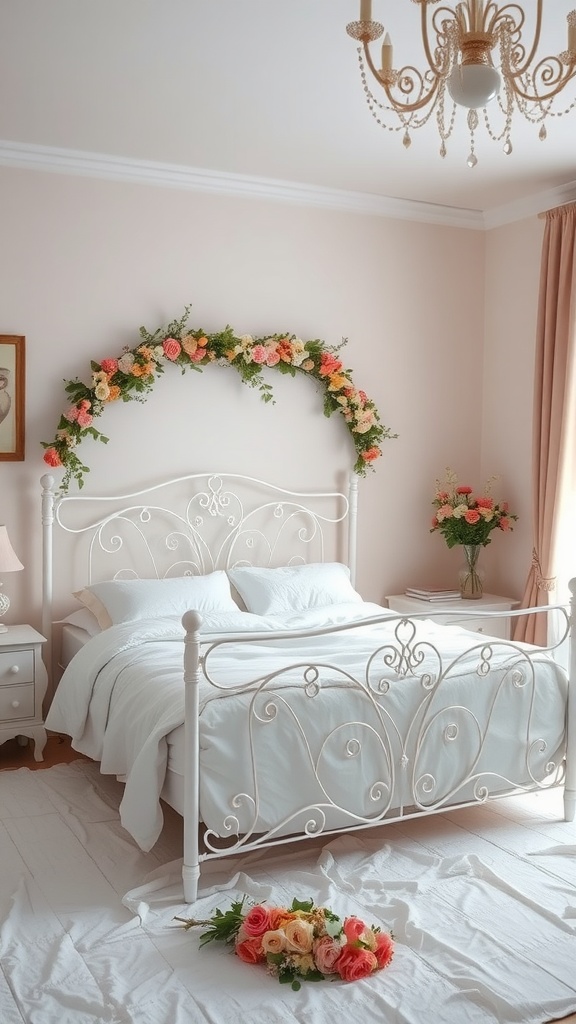 A beautifully arranged bedroom featuring a white iron bed frame, soft white linens, and floral decorations.