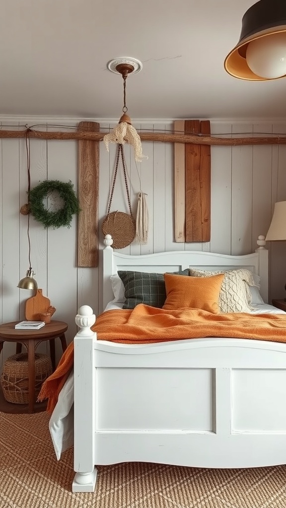 A cozy bedroom featuring a white wooden bed frame with warm color accents.