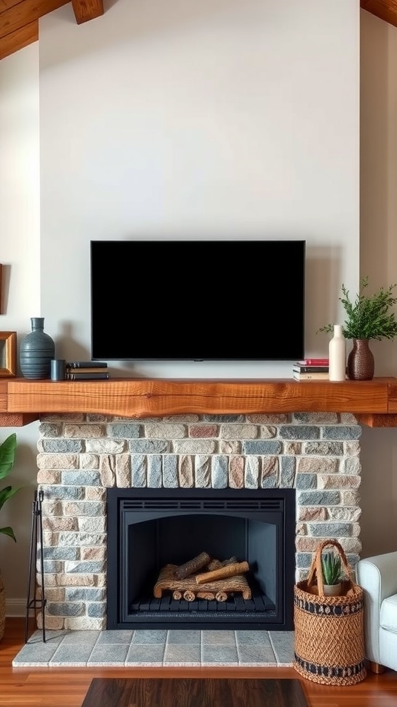 A rustic bedroom featuring a wooden mantel above a stone fireplace, with a TV mounted above it, creating a cozy atmosphere.