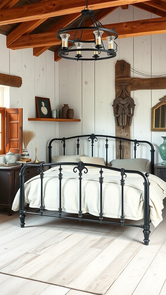 A cozy bedroom featuring a black furniture bed frame with rustic farmhouse elements.