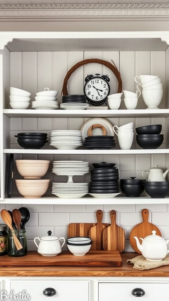 Rustic open shelving in a farmhouse kitchen displaying black and white dishware and wooden accents.