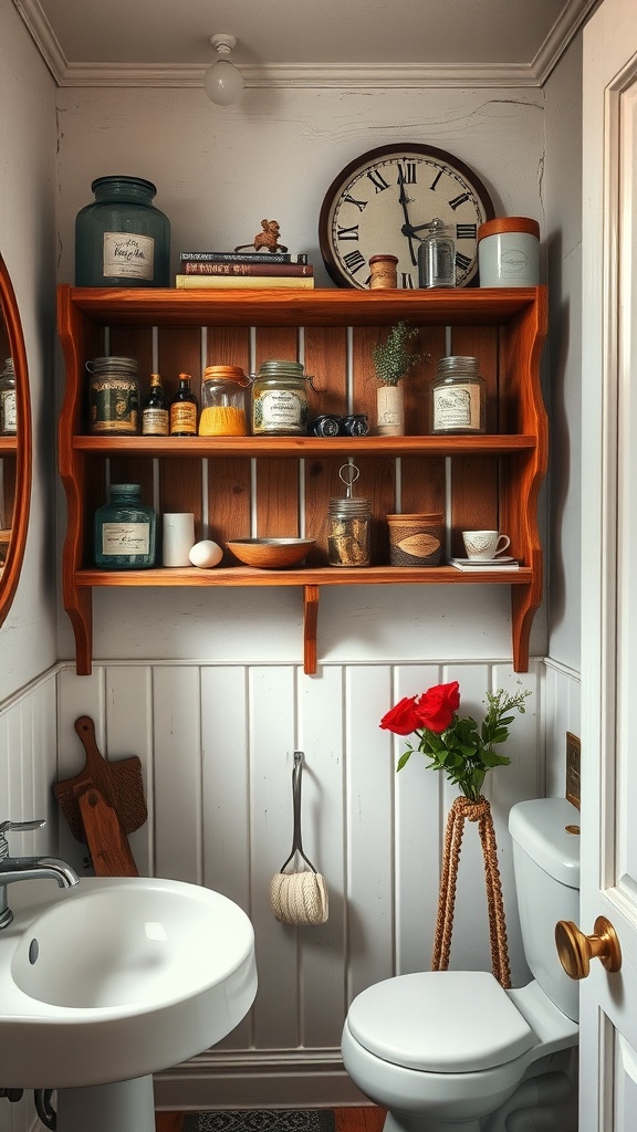 A rustic wooden shelf filled with jars and a vase of roses in a bathroom.