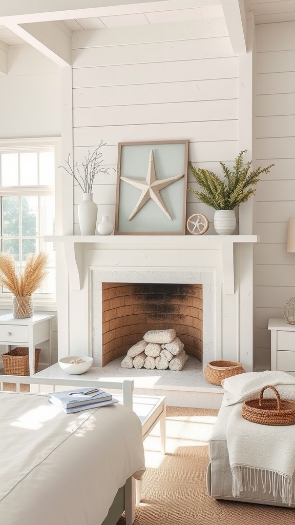 A serene bedroom with coastal decor, featuring a fireplace and natural elements.