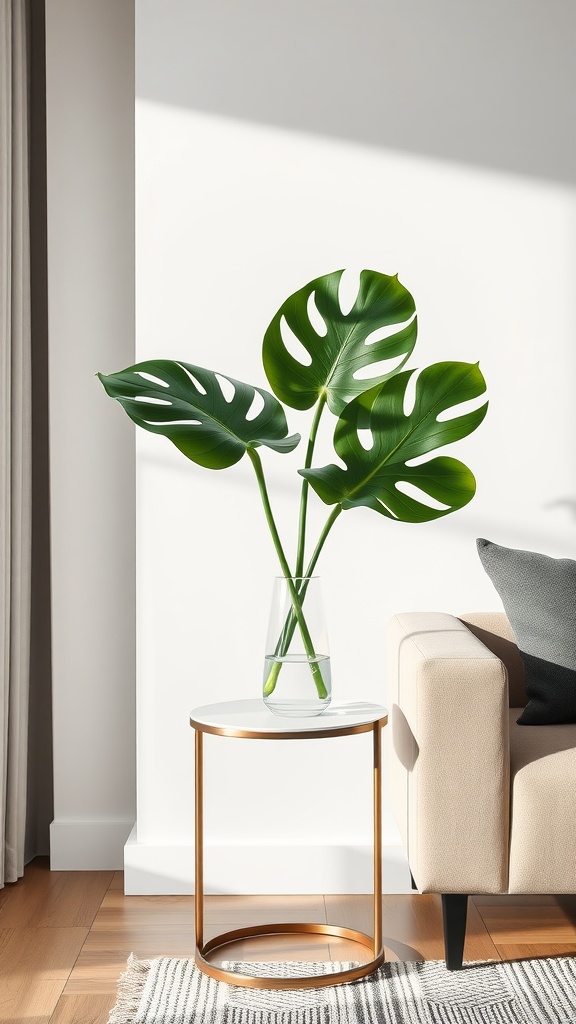 A stylish arrangement of Monstera leaves in a glass vase on a side table next to a beige sofa.