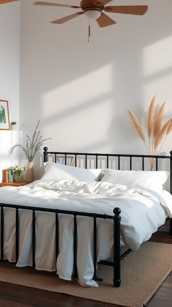 A serene bedroom featuring a black bed frame with white linens, natural decor, and soft lighting.