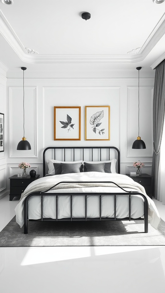 A modern bedroom featuring a black metal bed frame, white bedding, and minimalist decor against a bright background.