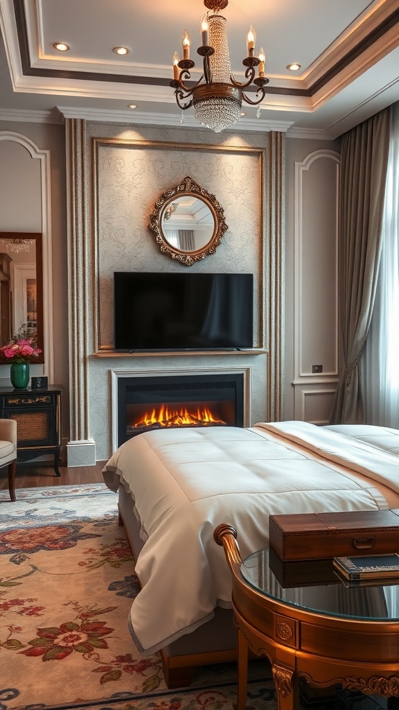 Elegant bedroom with a fireplace and TV setup, featuring warm lighting and stylish decor.