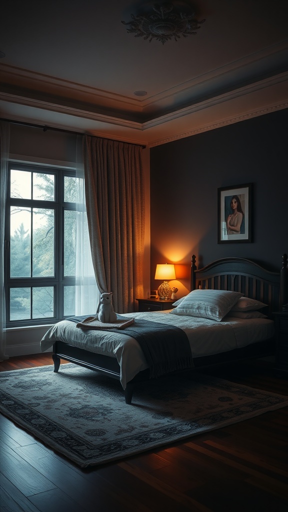 A cozy bedroom featuring dark furniture with warm lighting and a comfortable atmosphere.