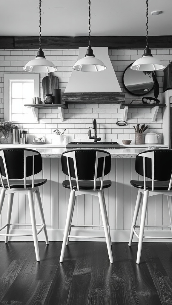 Black and white barstools in a modern farmhouse kitchen.