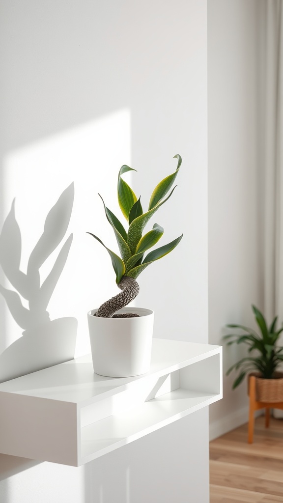 A stylish snake plant displayed on a white shelf in a bright living room.