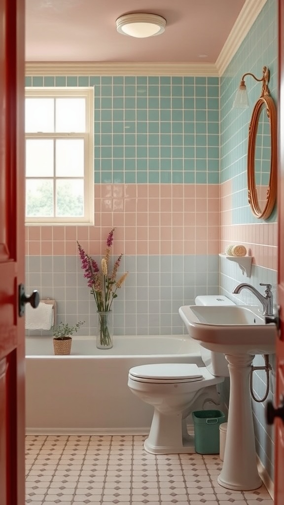 A vintage bathroom with pink and blue tiles, floral accents, and classic fixtures.