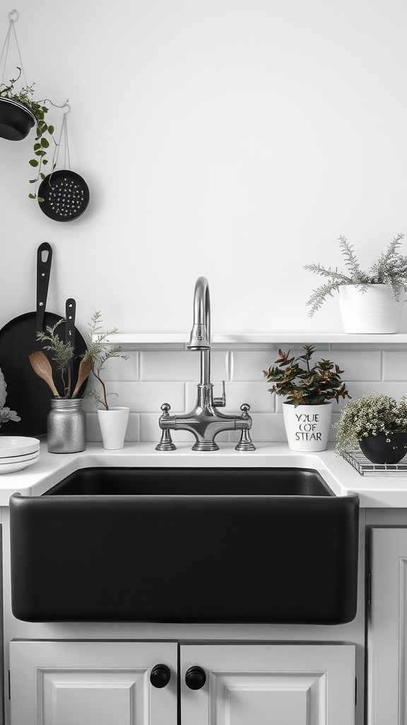 Black farmhouse sink with silver faucet and plants on countertop