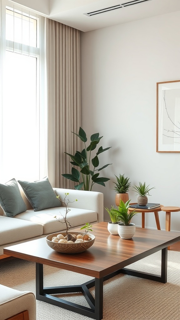 A minimalistic living room featuring indoor plants, a coffee table with a decorative bowl, and a calm atmosphere.