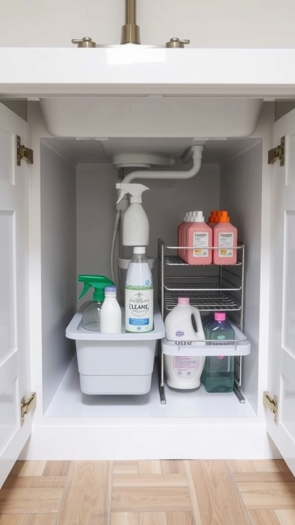 Organized under-sink cabinet with cleaning supplies and a tiered shelf